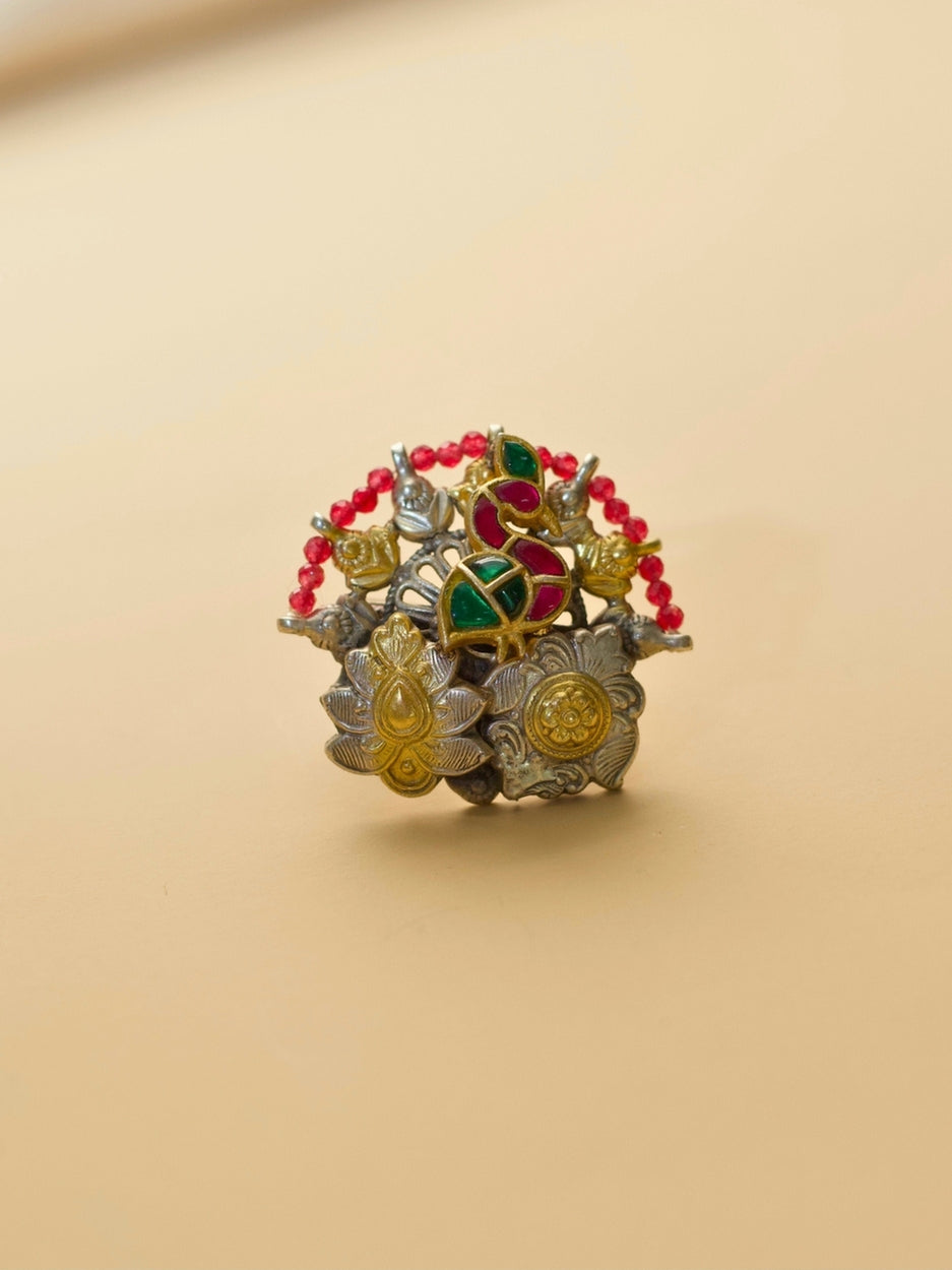 The Dawn Ring – 925 Pure Silver Adjustable Ring with Peacock Motif and Two-Tone Mango Design
