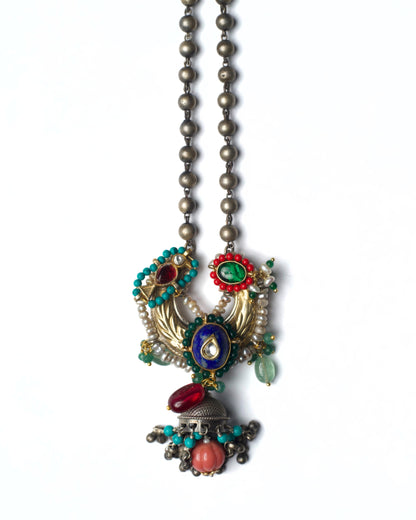 Moonward Horn Chain Necklace in 925 silver with twin horn motif, indigo center stone, kundan detailing, pearl accents, and jhumka drop
