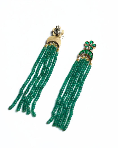 Green stone tassel earrings in 925 silver with gold polish, featuring floral stud top and cascading emerald bead strands.