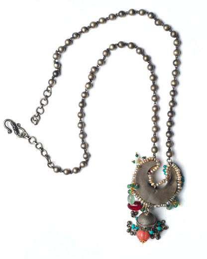 Back view of Moonward Horn Chain Necklace showing silver bead chain construction and handcrafted links