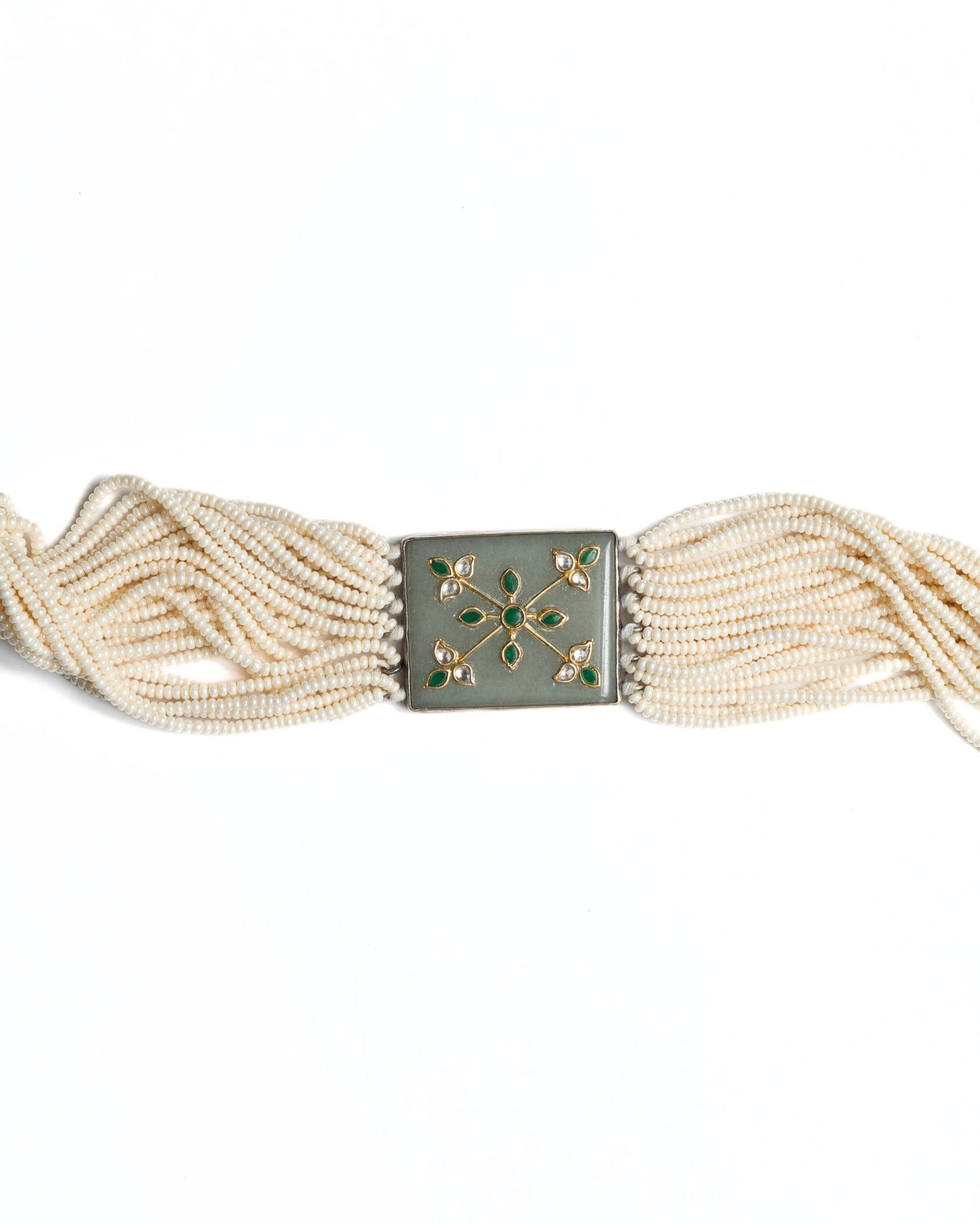 Layered pearl choker in 925 silver with pistachio green rectangular centre panel set with green and kundan-style stones, multi-strand pearl detailing.