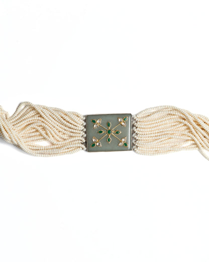 Layered pearl choker in 925 silver with pistachio green rectangular centre panel set with green and kundan-style stones, multi-strand pearl detailing.
