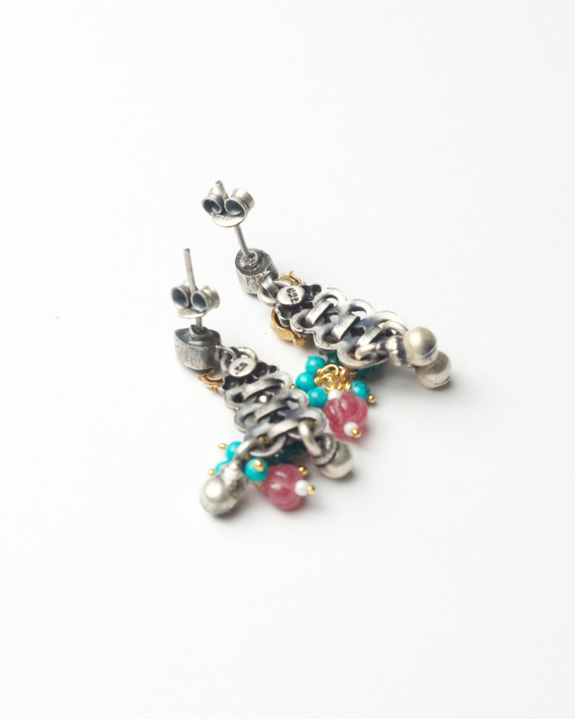 Back of Handcrafted 925 silver elephant drop earrings with semi-precious stones and gold-polished details – Naksa fusion silver jewellery