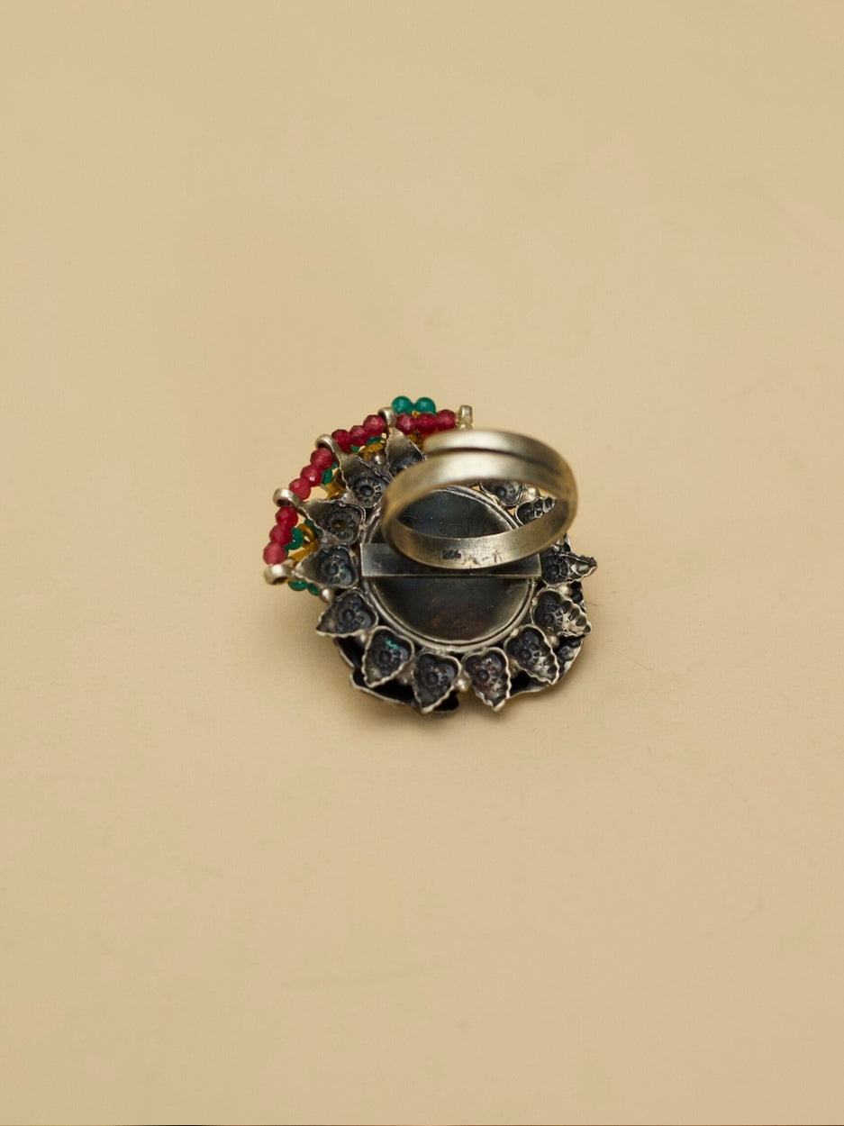 The Dawn Ring – 925 Pure Silver Adjustable Ring with Peacock Motif and Two-Tone Mango Design