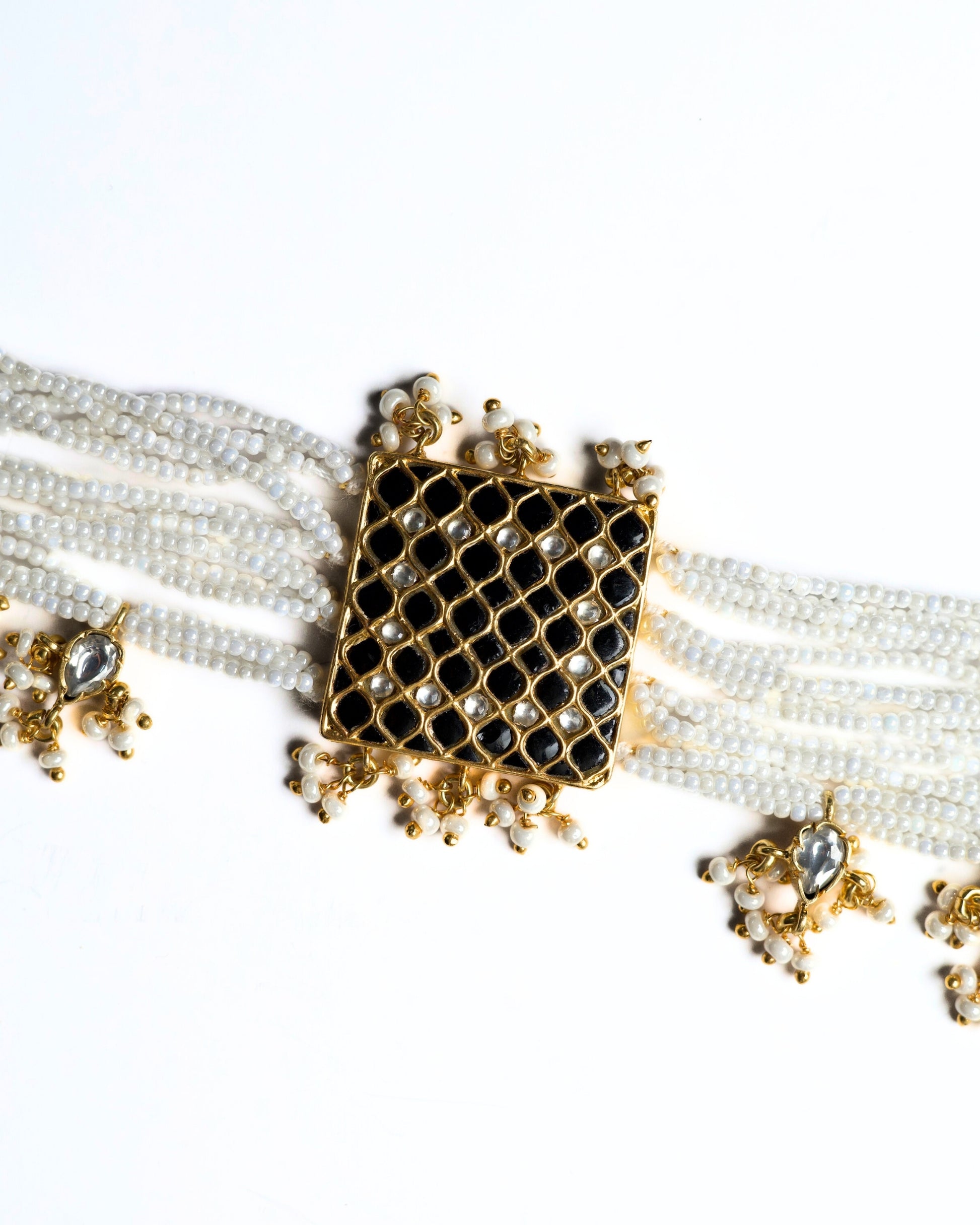 Multi-strand pearl choker in 925 silver with square lattice kundan centre and pearl drop accents