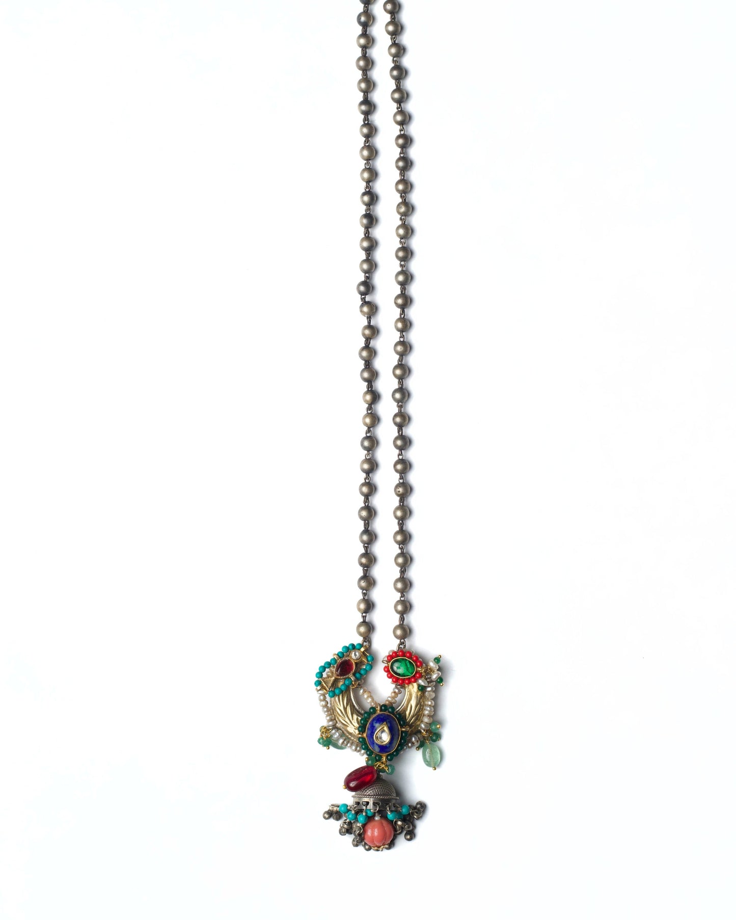 Detailed view of oxidised silver bead chain used in the Moonward Horn Chain Necklace