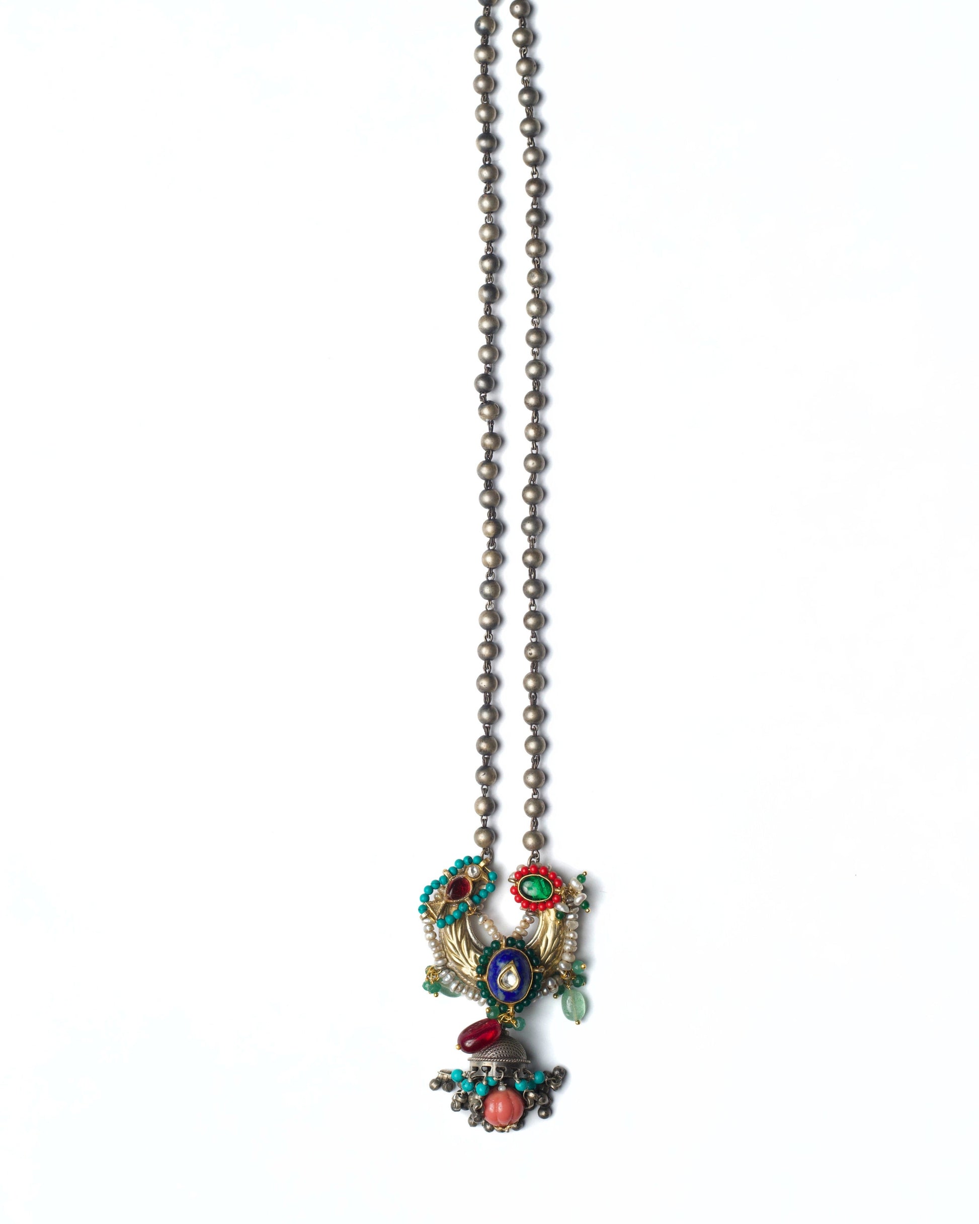 Detailed view of oxidised silver bead chain used in the Moonward Horn Chain Necklace