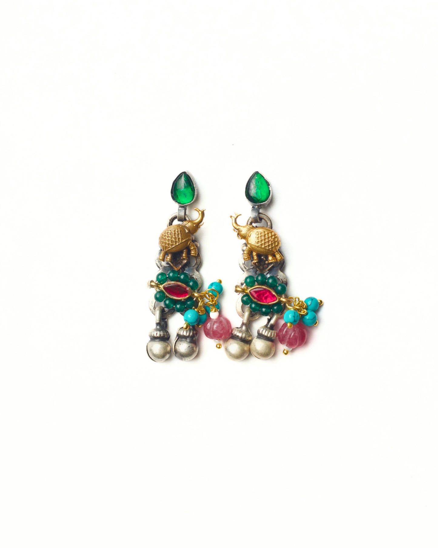 Handcrafted 925 silver elephant drop earrings with semi-precious stones and gold-polished details – Naksa fusion silver jewellery