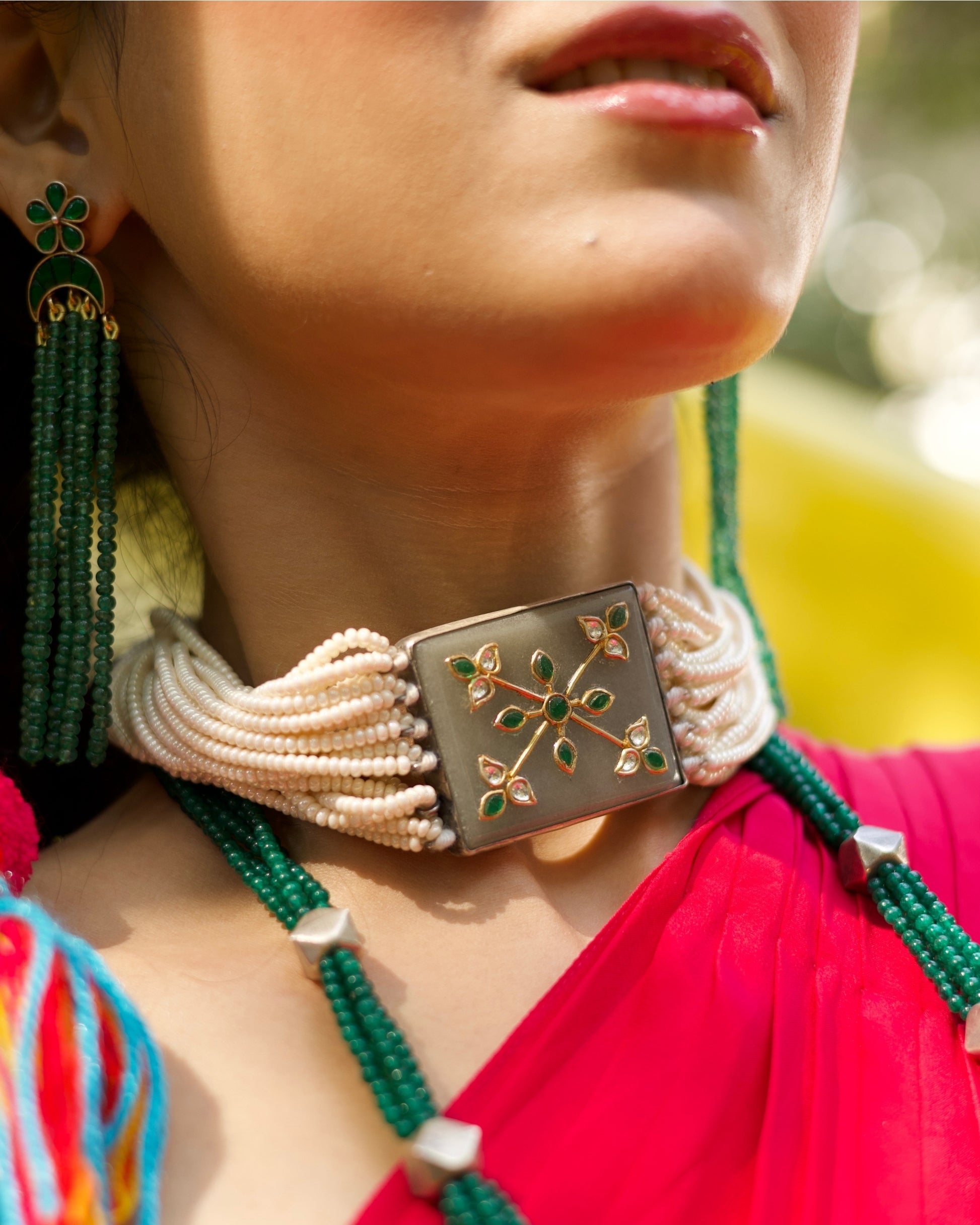 Layered pearl choker in 925 silver with pistachio green rectangular centre panel set with green and kundan-style stones, multi-strand pearl detailing.