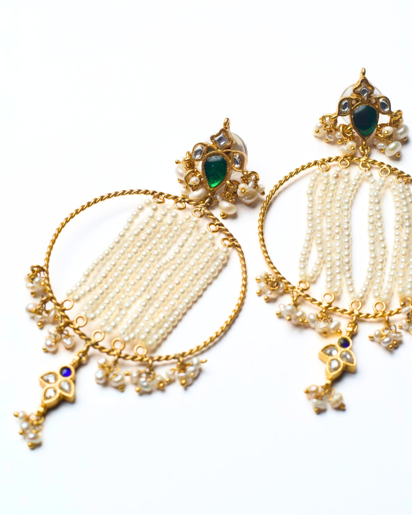 Zoomed Handcrafted 925 silver hoop earrings with pearl canopy strands and gold-polished detailing – Naksa fusion silver jewellery