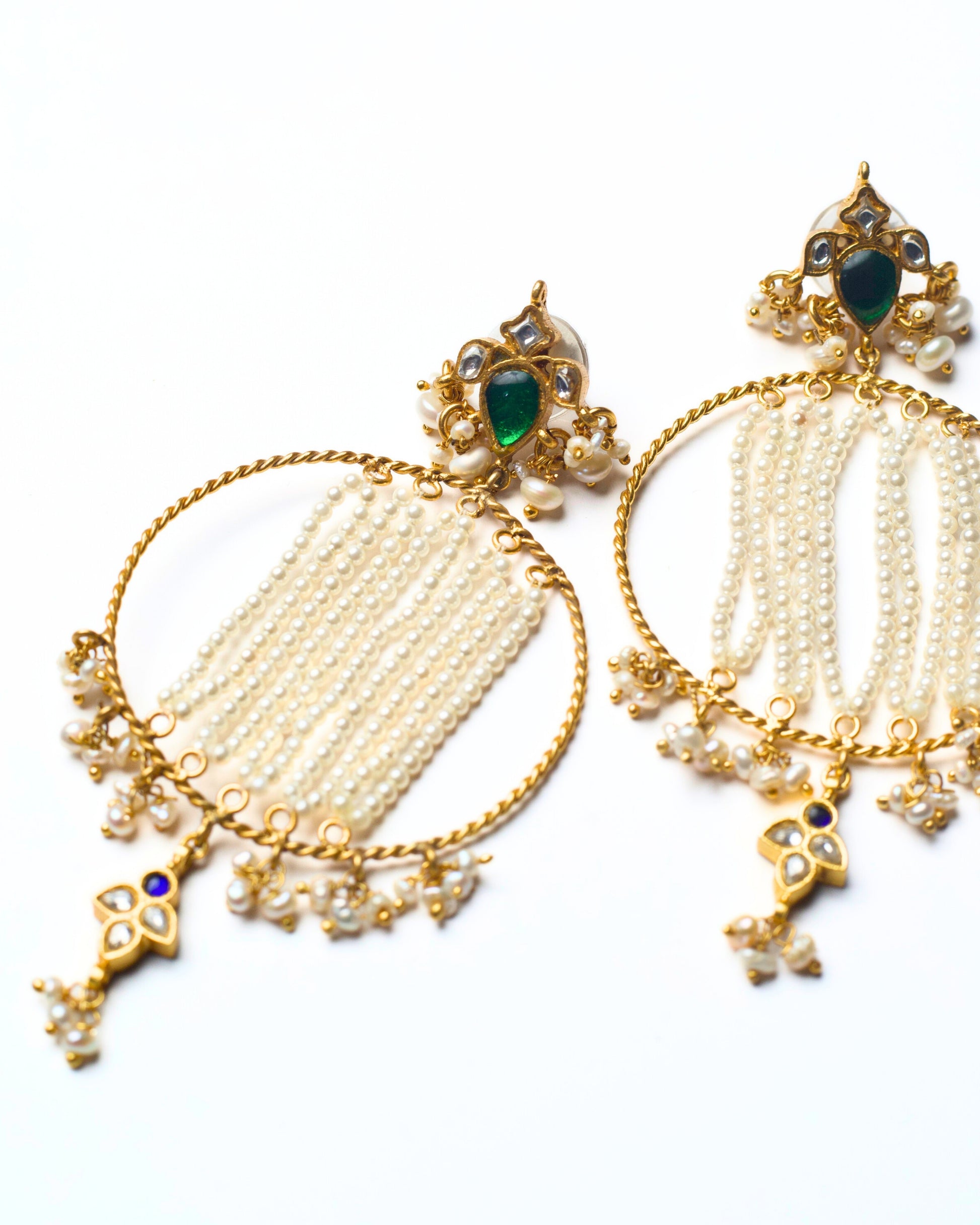 Zoomed Handcrafted 925 silver hoop earrings with pearl canopy strands and gold-polished detailing – Naksa fusion silver jewellery