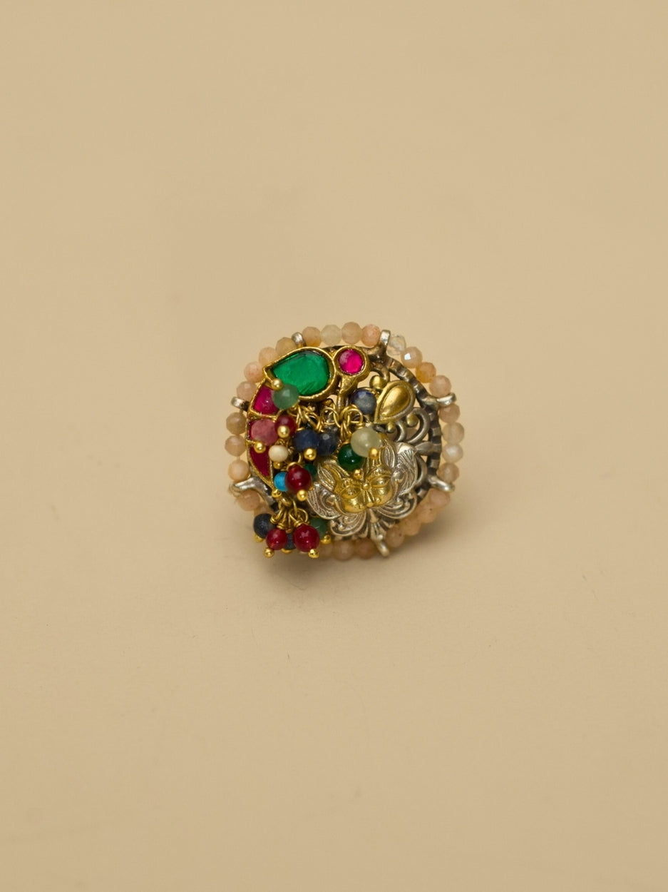 Soft Flight Ring – Adjustable 925 Silver Two-Tone Ring with Parrot Motif and Pink Stone Border