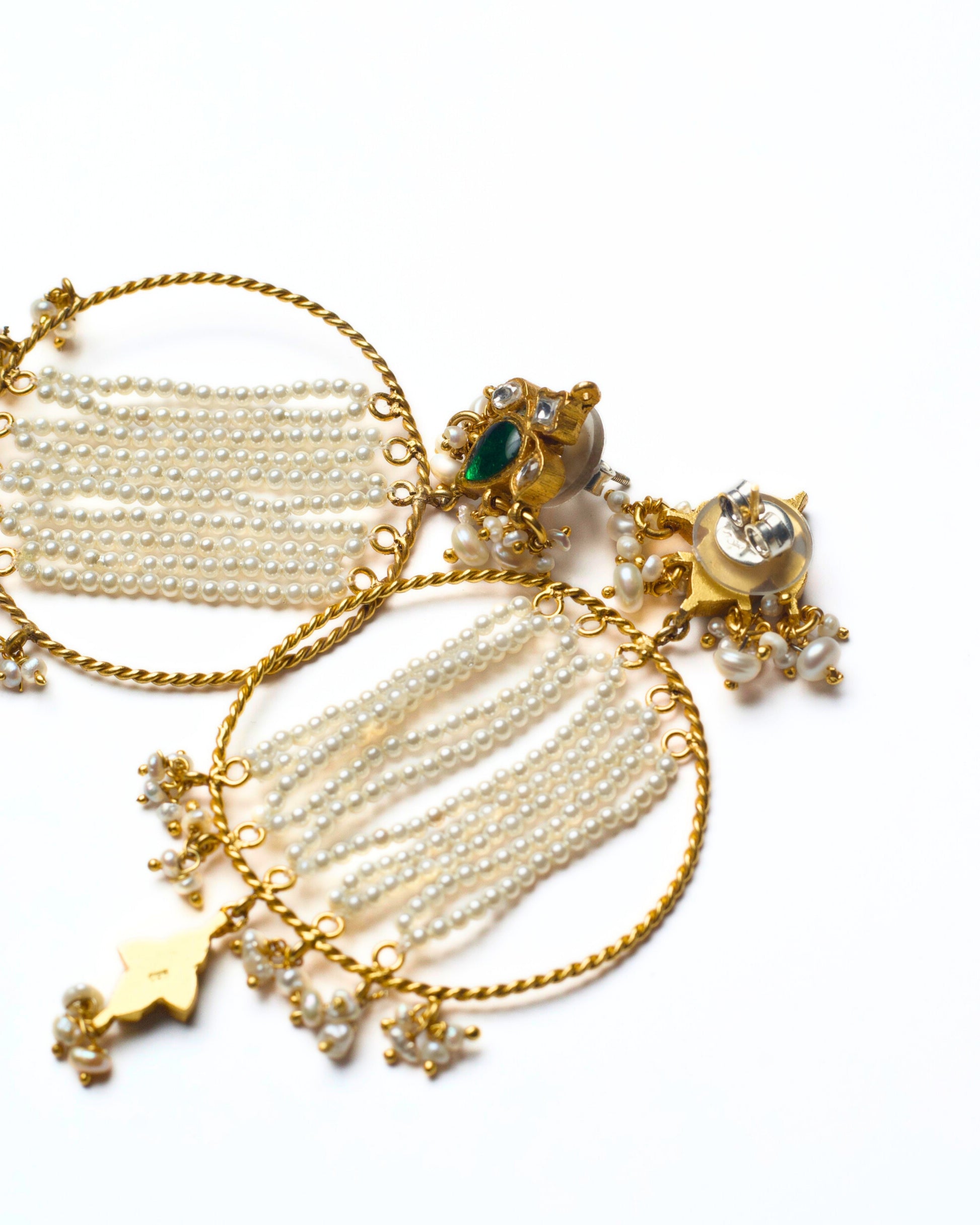 Back of Handcrafted 925 silver hoop earrings with pearl canopy strands and gold-polished detailing – Naksa fusion silver jewellery