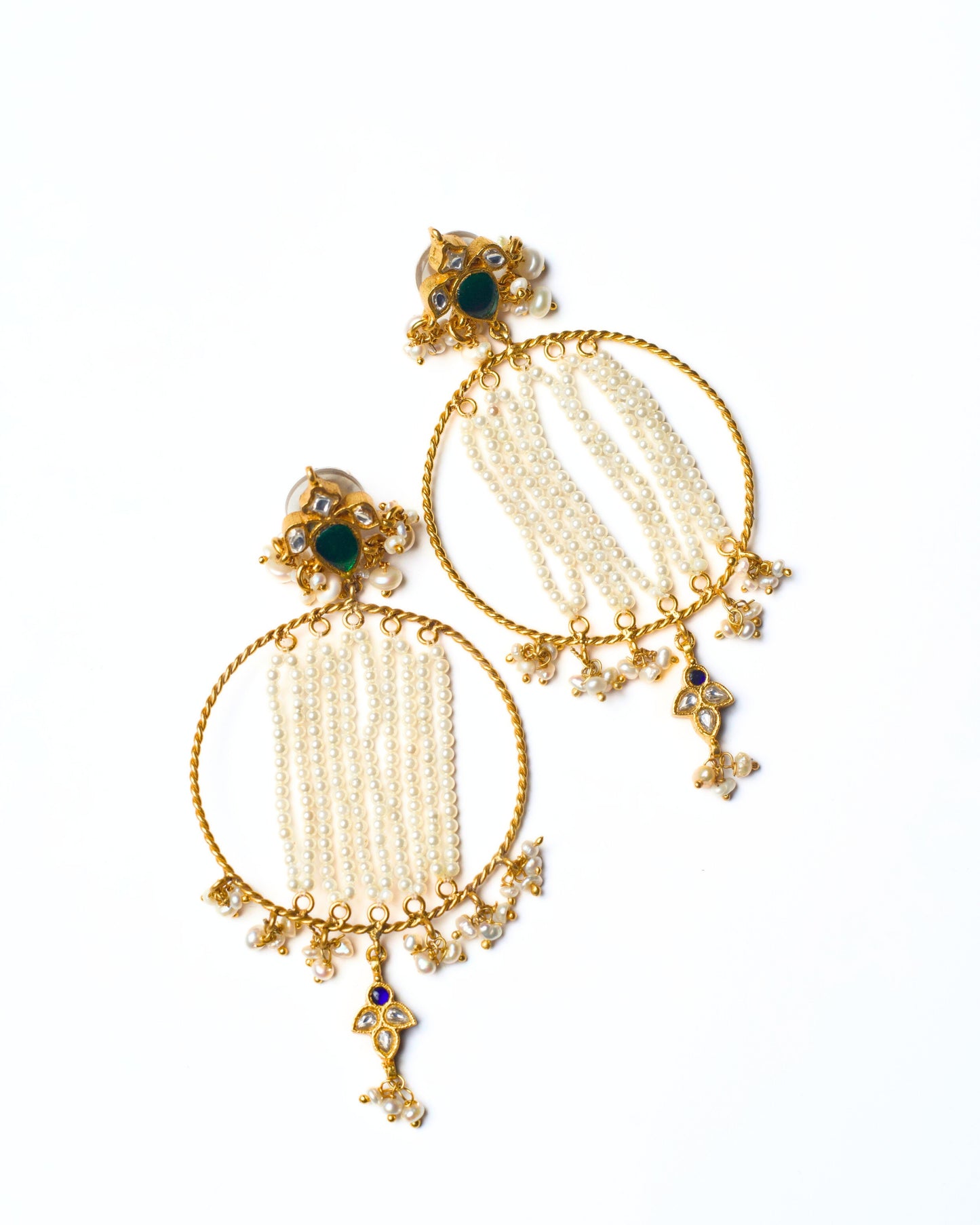 Handcrafted 925 silver hoop earrings with pearl canopy strands and gold-polished detailing – Naksa fusion silver jewellery