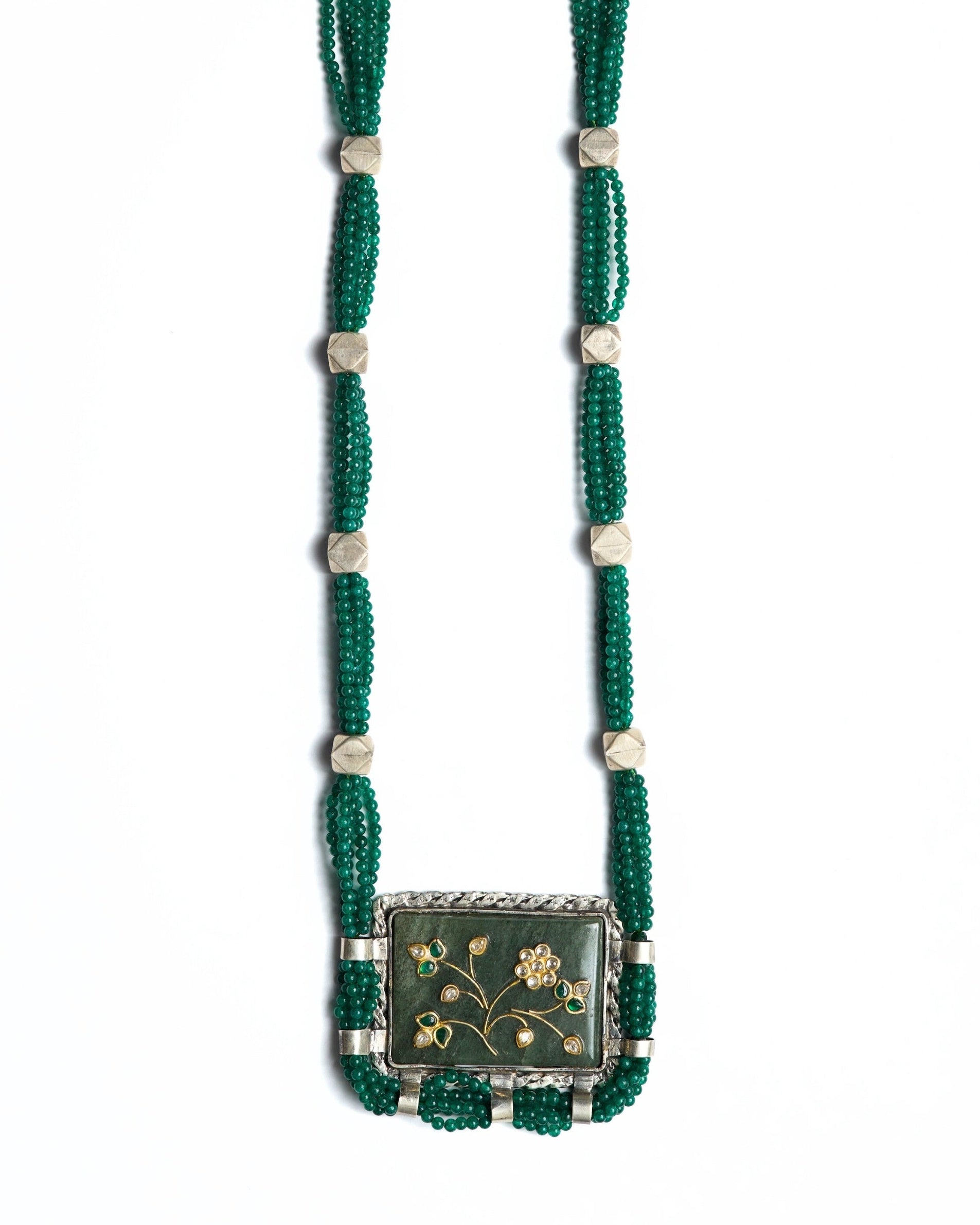 Green beaded Playvine Mala necklace with silver framed floral centre in 925 silver