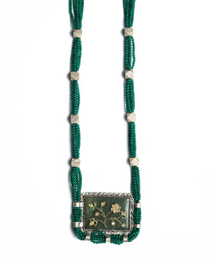 Green beaded Playvine Mala necklace with silver framed floral centre in 925 silver