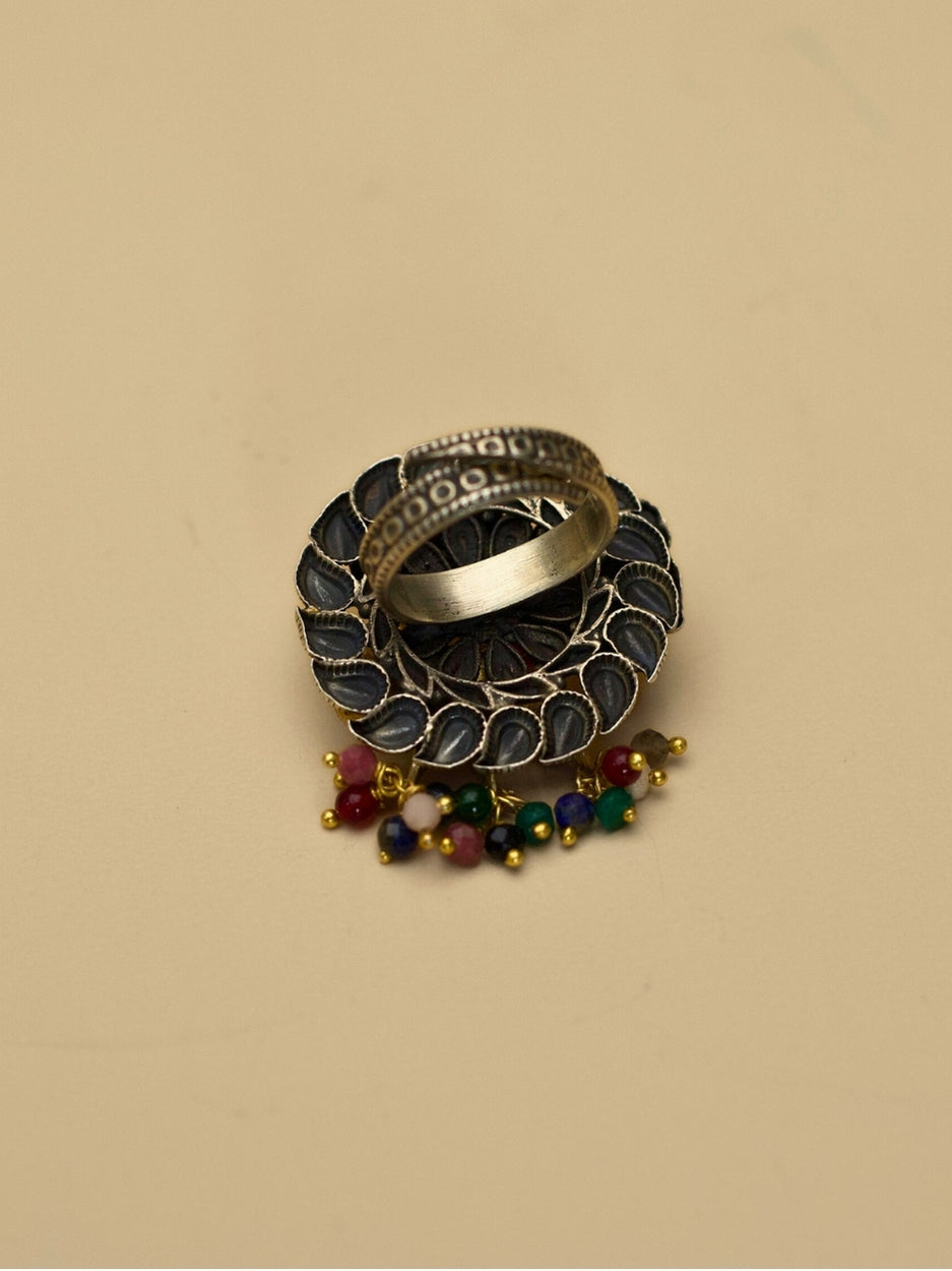 Grace in Gravity Ring – Adjustable 925 Silver Two-Tone Kundan Bird Ring with Traditional Mango Motifs