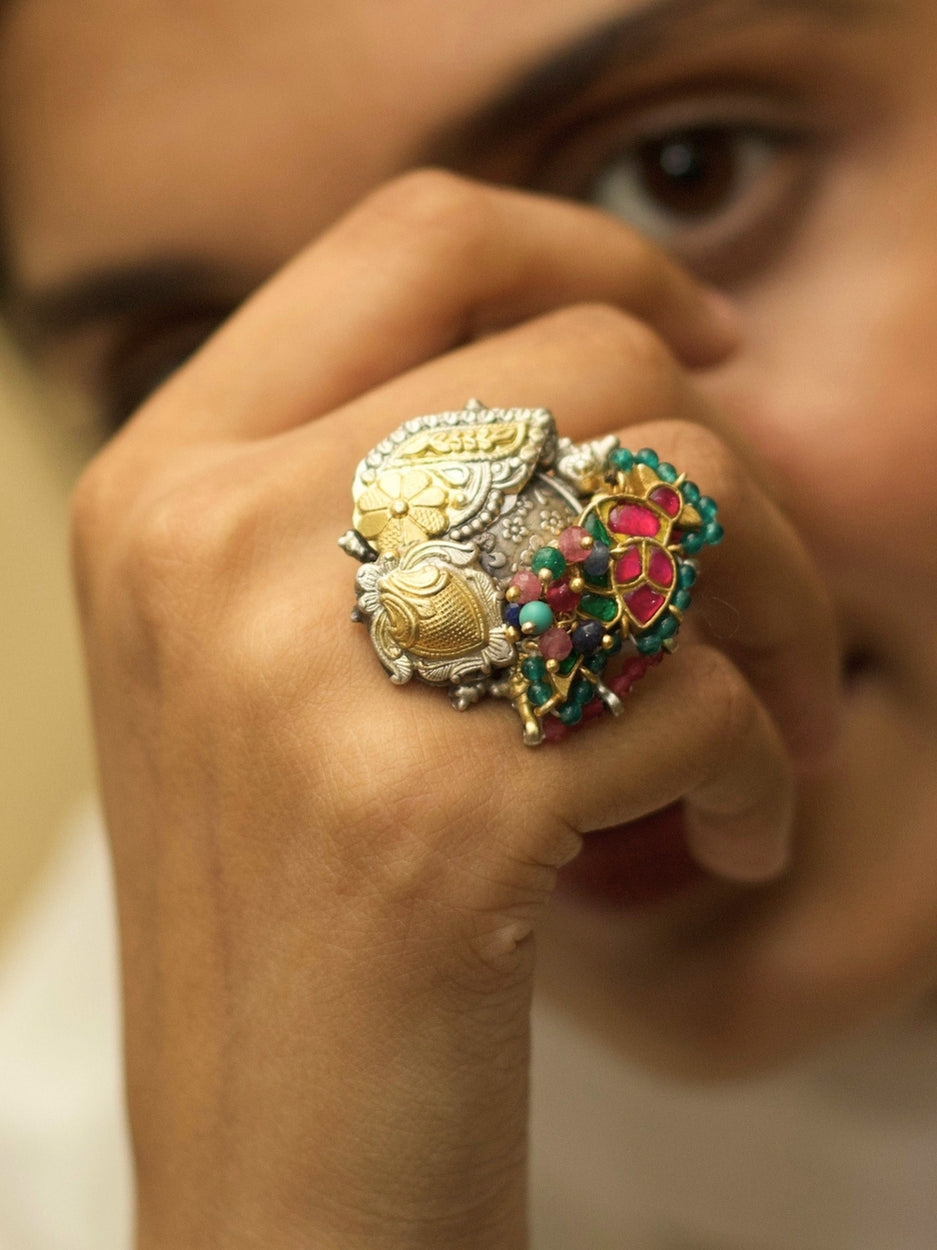 Parrot Muse Ring – Adjustable 925 Silver Ring with Kundan Parrot Motif in Pink and Green