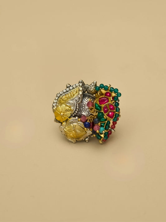 Parrot Muse Ring – Adjustable 925 Silver Ring with Kundan Parrot Motif in Pink and Green