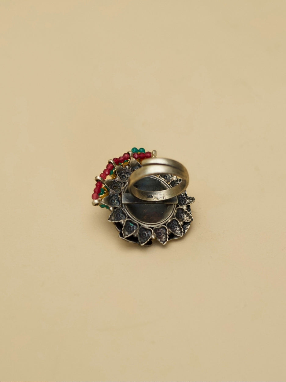 Parrot Muse Ring – Adjustable 925 Silver Ring with Kundan Parrot Motif in Pink and Green