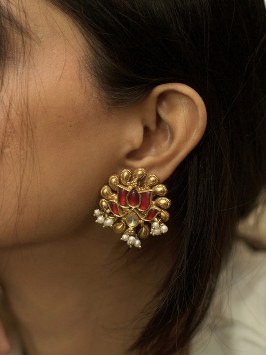 Sunehri Kamal Studs in pure silver with maroon lotus, golden parsley design, and pearl danglers – traditional haldi earrings.