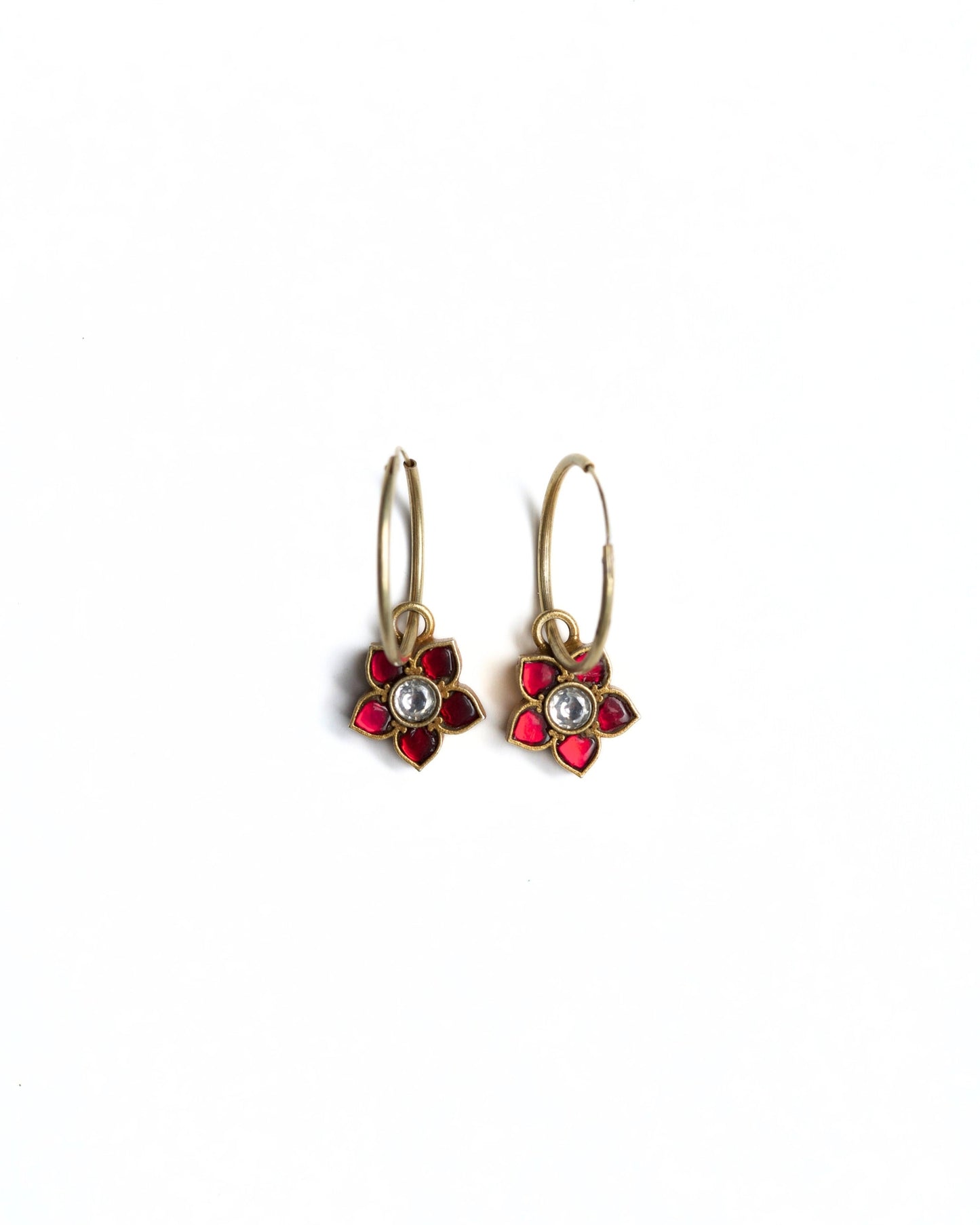 925 silver gold-polished mini hoop earrings with ruby petal stones and kundan centre