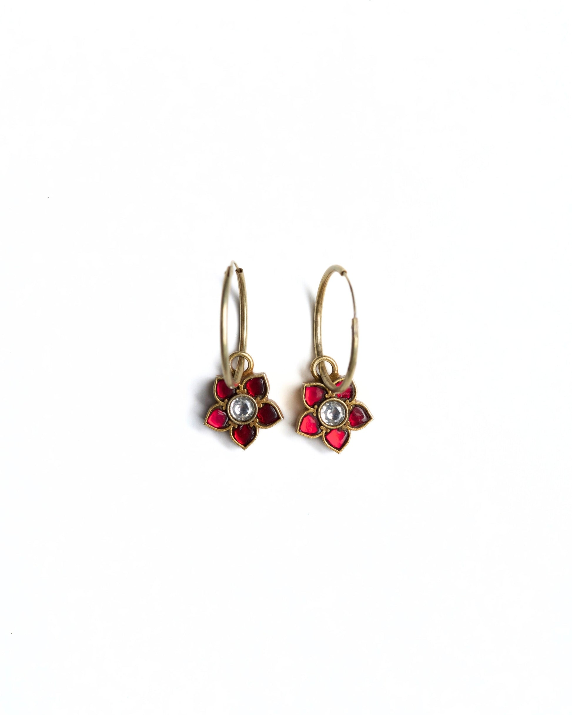 925 silver gold-polished mini hoop earrings with ruby petal stones and kundan centre