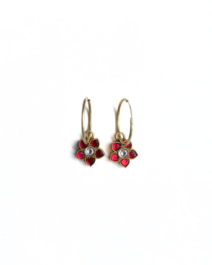 925 silver gold-polished mini hoop earrings with ruby petal stones and kundan centre
