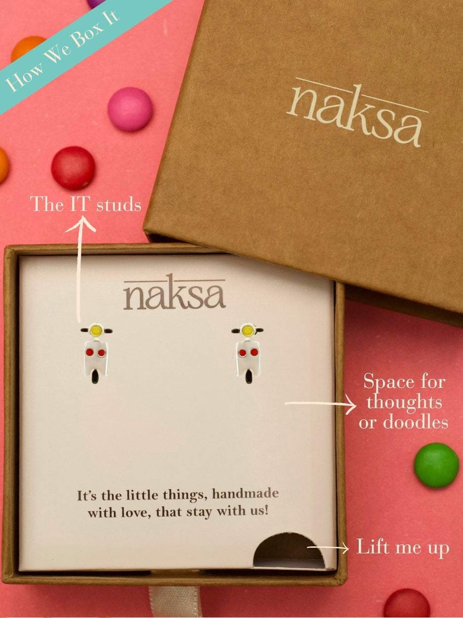 Vroom Vroom Scooty Studs by Naksa—yellow and red enamel scooter earrings in pure 925 silver with oxidized detail.