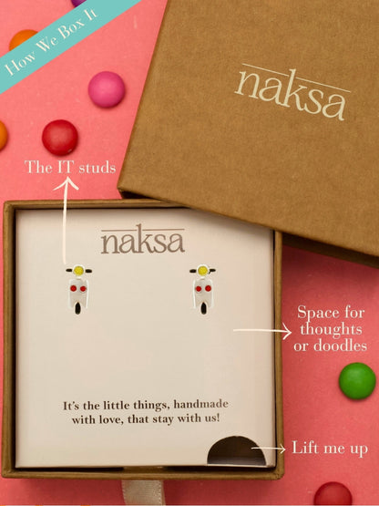 Vroom Vroom Scooty Studs by Naksa—yellow and red enamel scooter earrings in pure 925 silver with oxidized detail.