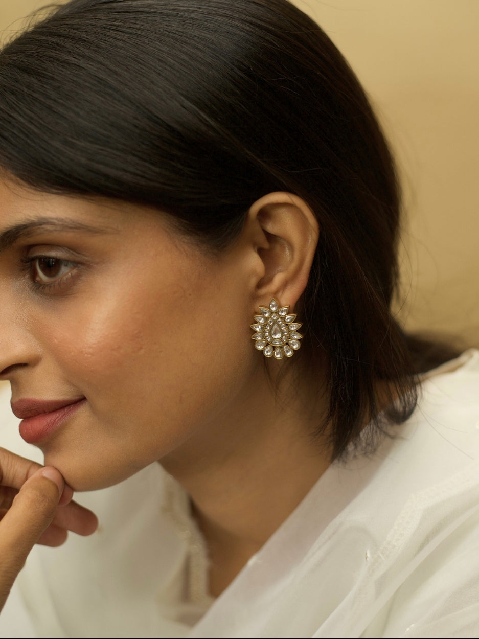 Polki Phool Studs in 925 silver with gold polish and floral Kundan Polki design – heritage Indian earrings
