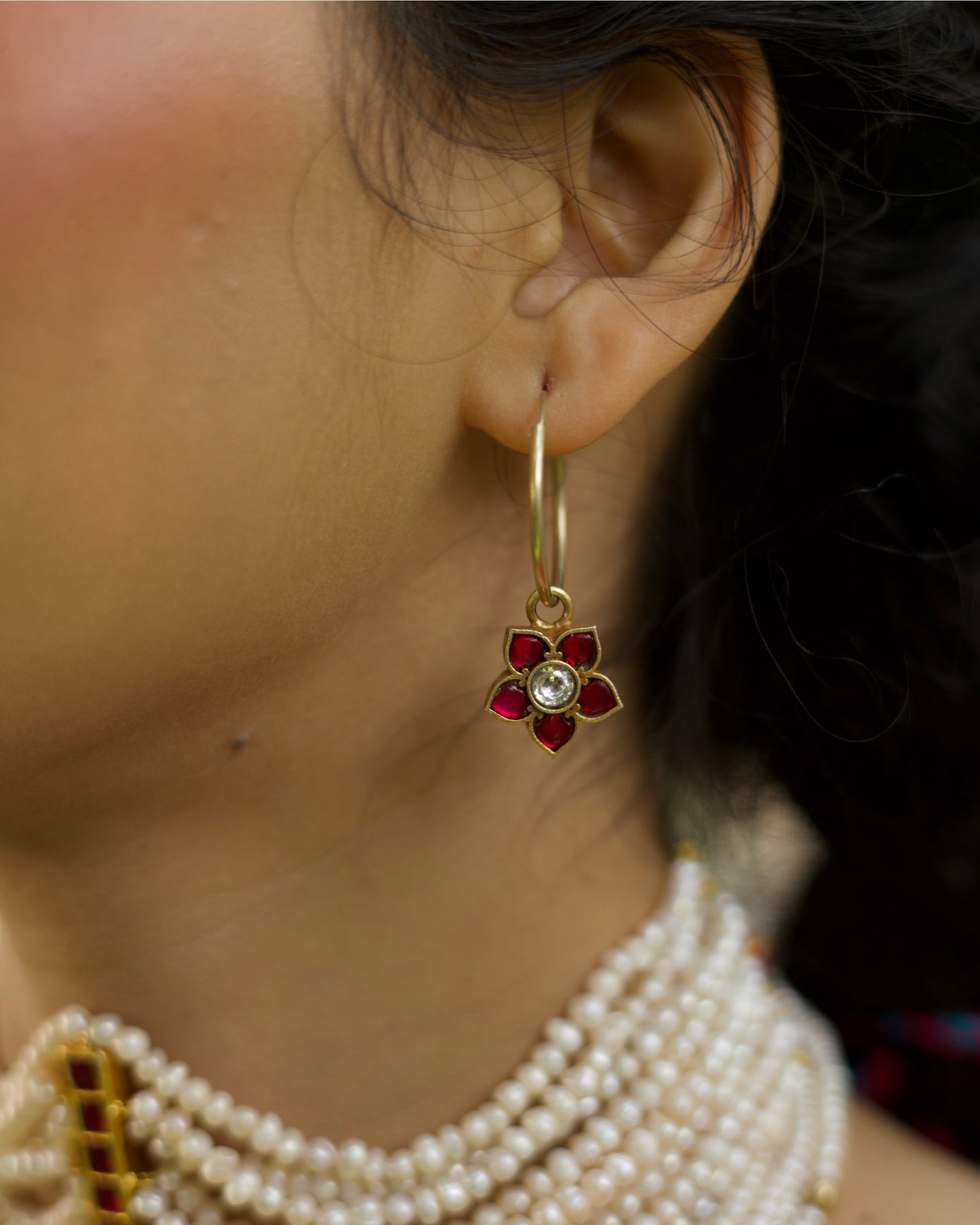 Floral ruby kundan hoop earrings in 925 silver, lightweight playful design