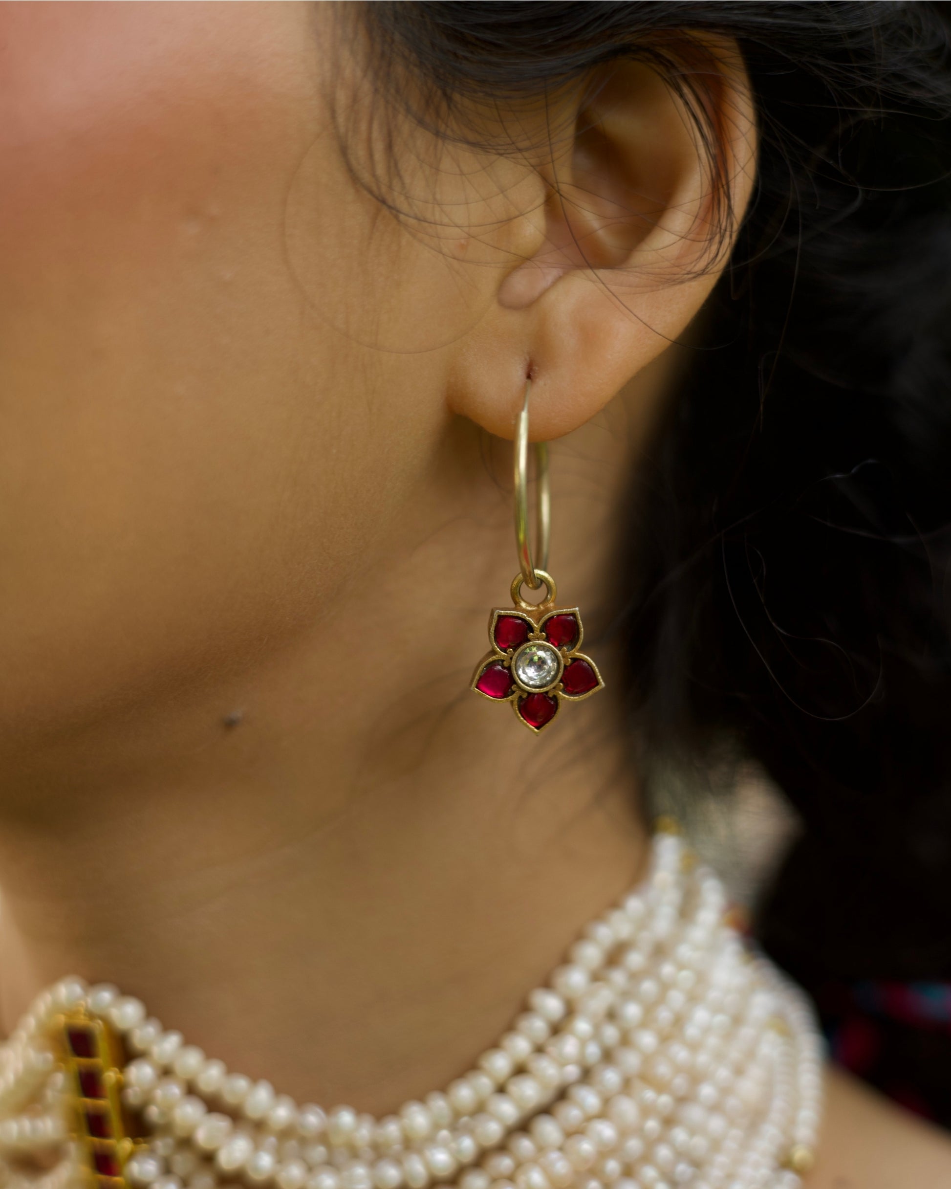 Floral ruby kundan hoop earrings in 925 silver, lightweight playful design