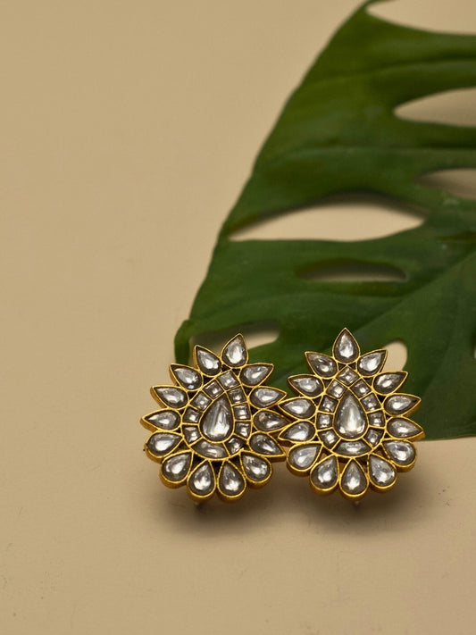 Polki Phool Studs in 925 silver with gold polish and floral Kundan Polki design – heritage Indian earrings