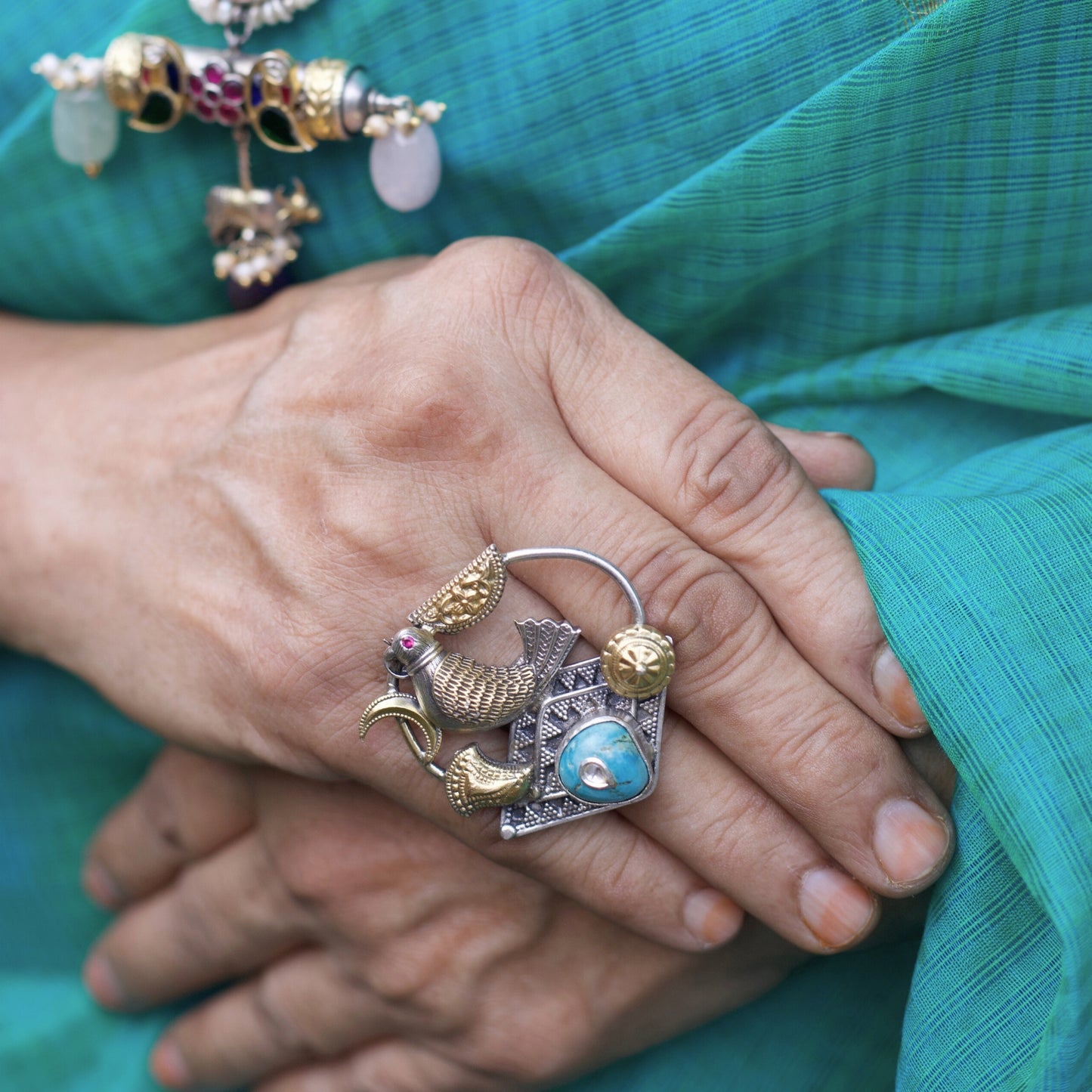 Naksa - The Ring of Balance, Oxidized Pure Silver Parrot Ring with Blue Stone