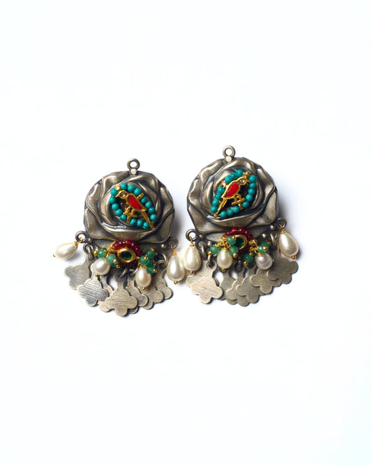 Handcrafted 925 silver fusion earrings with rose and bird motif, pearl accents, semi-precious stones, and silver fringe detailing