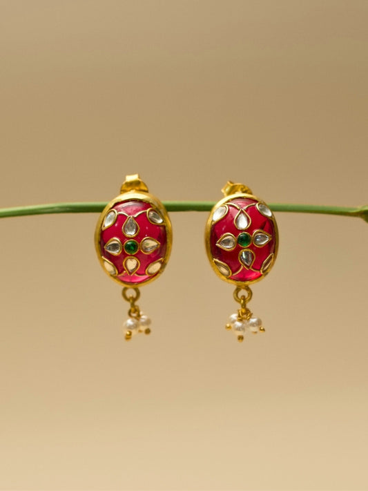 Watermelon Dream Studs – 925 silver earrings with watermelon-colored stone, kundan detailing, and elegant pearl drops