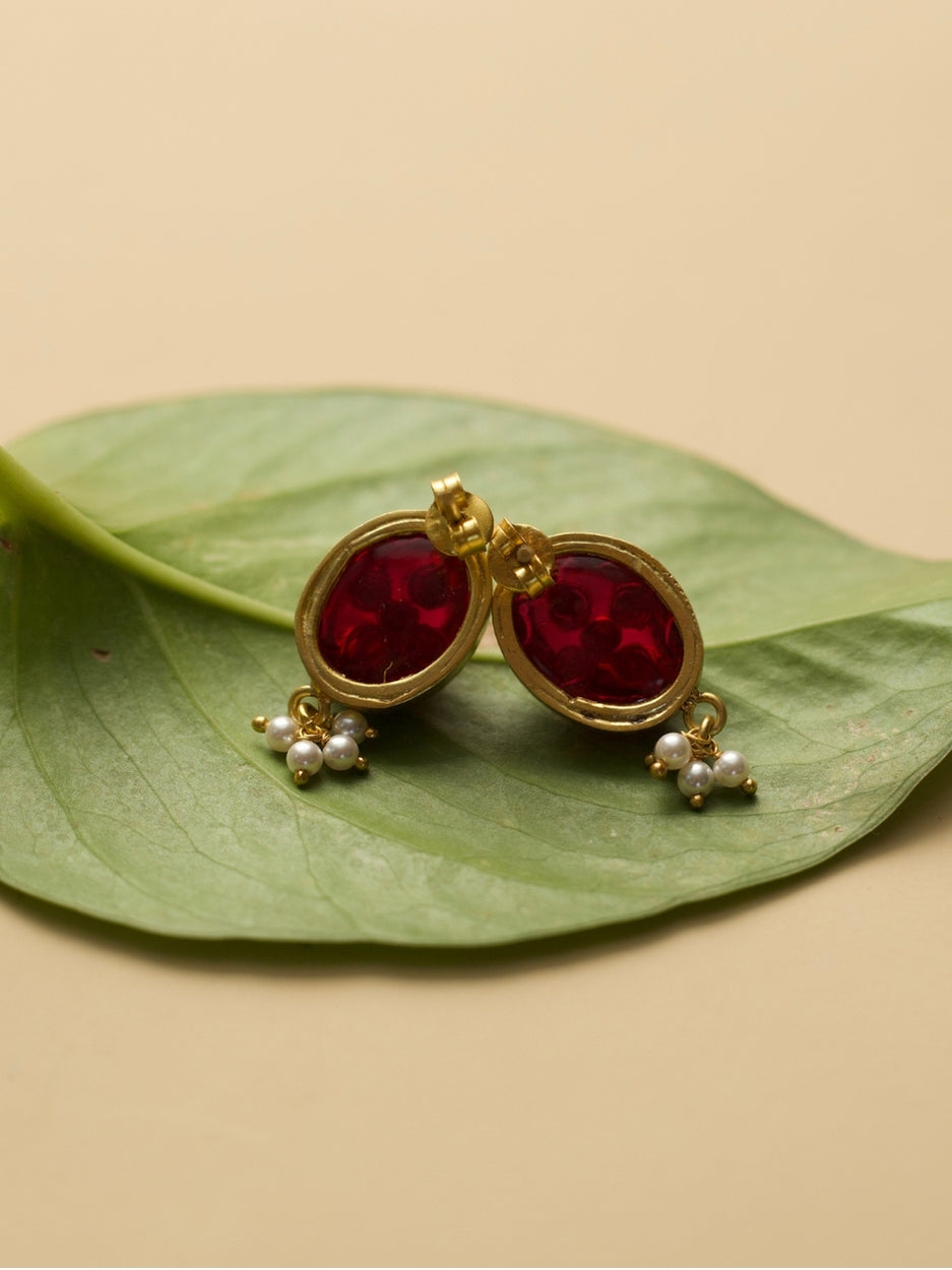 Watermelon Dream Studs – 925 silver earrings with watermelon-colored stone, kundan detailing, and elegant pearl drops