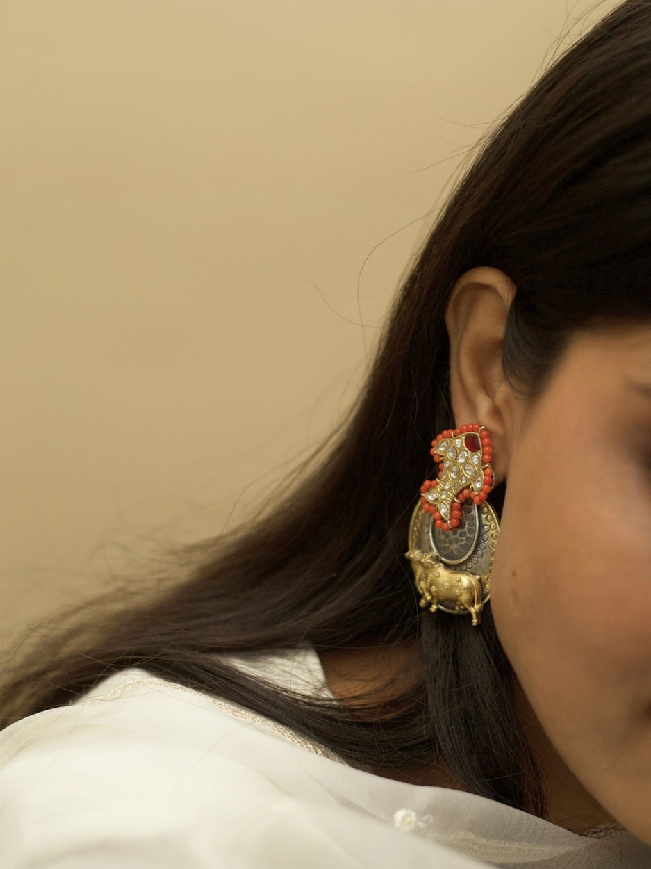 Celestial Confluence Earrings – Handcrafted 925 silver earrings featuring Pisces fish and Taurus bull motifs with two-tone accents – Naksa
