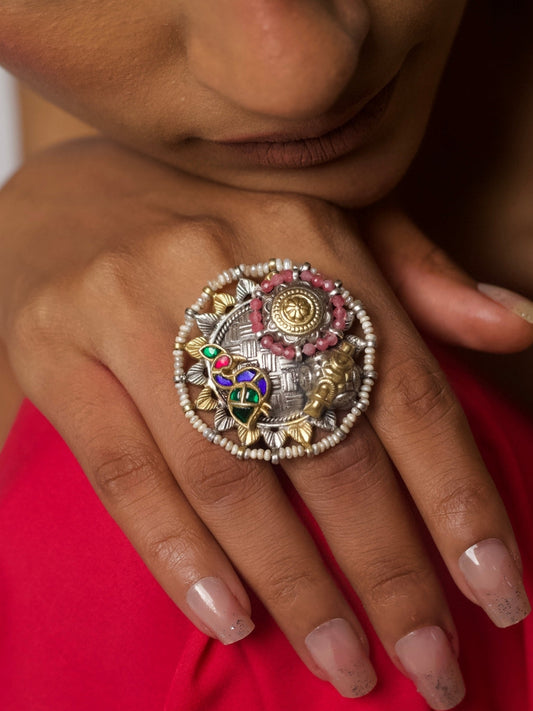 Close-up of the Guldastan Silver Fusion Ring handcrafted in 92.5 silver with pearl border, enamel floral motifs, and pink stone details