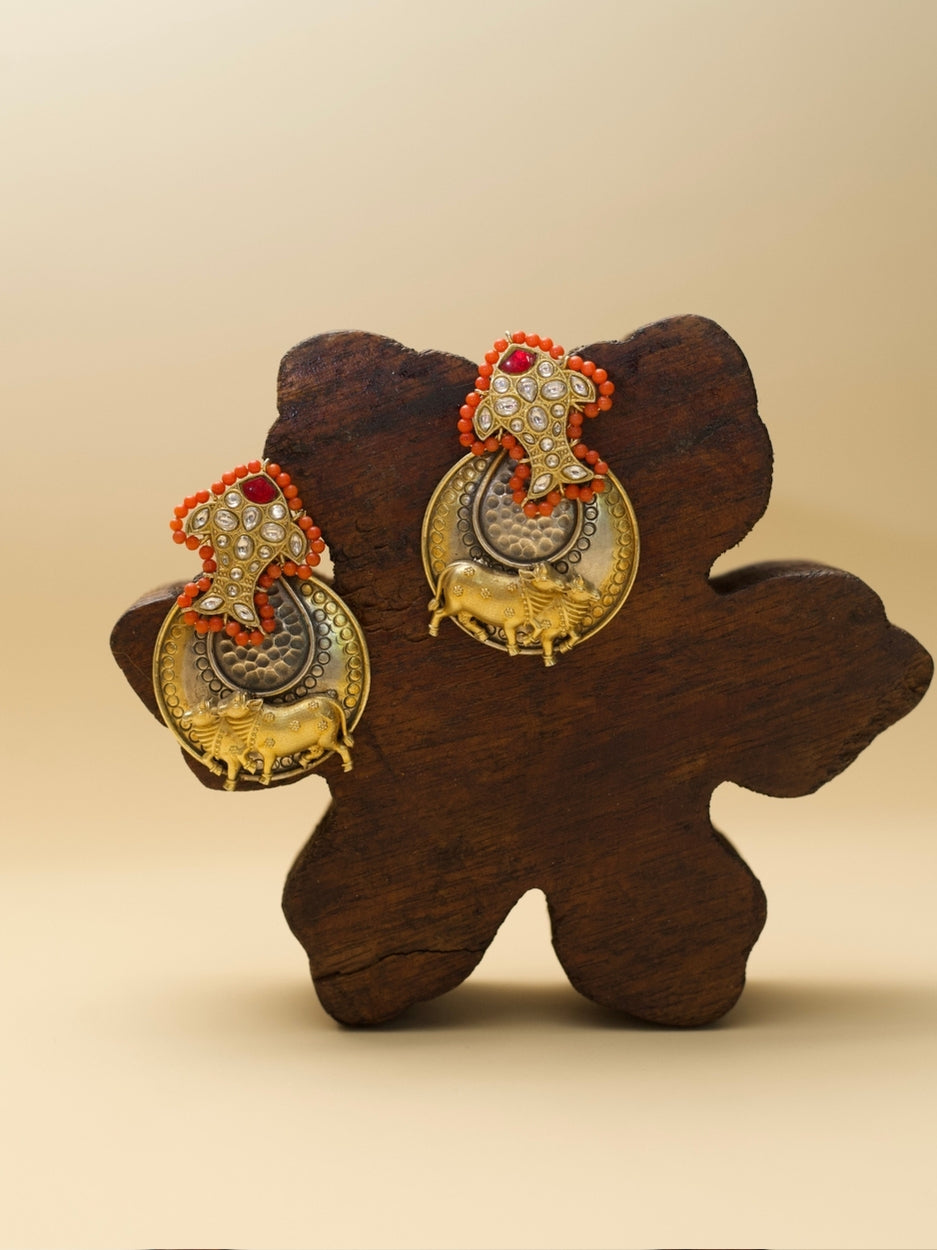Celestial Confluence Earrings – Handcrafted 925 silver earrings featuring Pisces fish and Taurus bull motifs with two-tone accents – Naksa