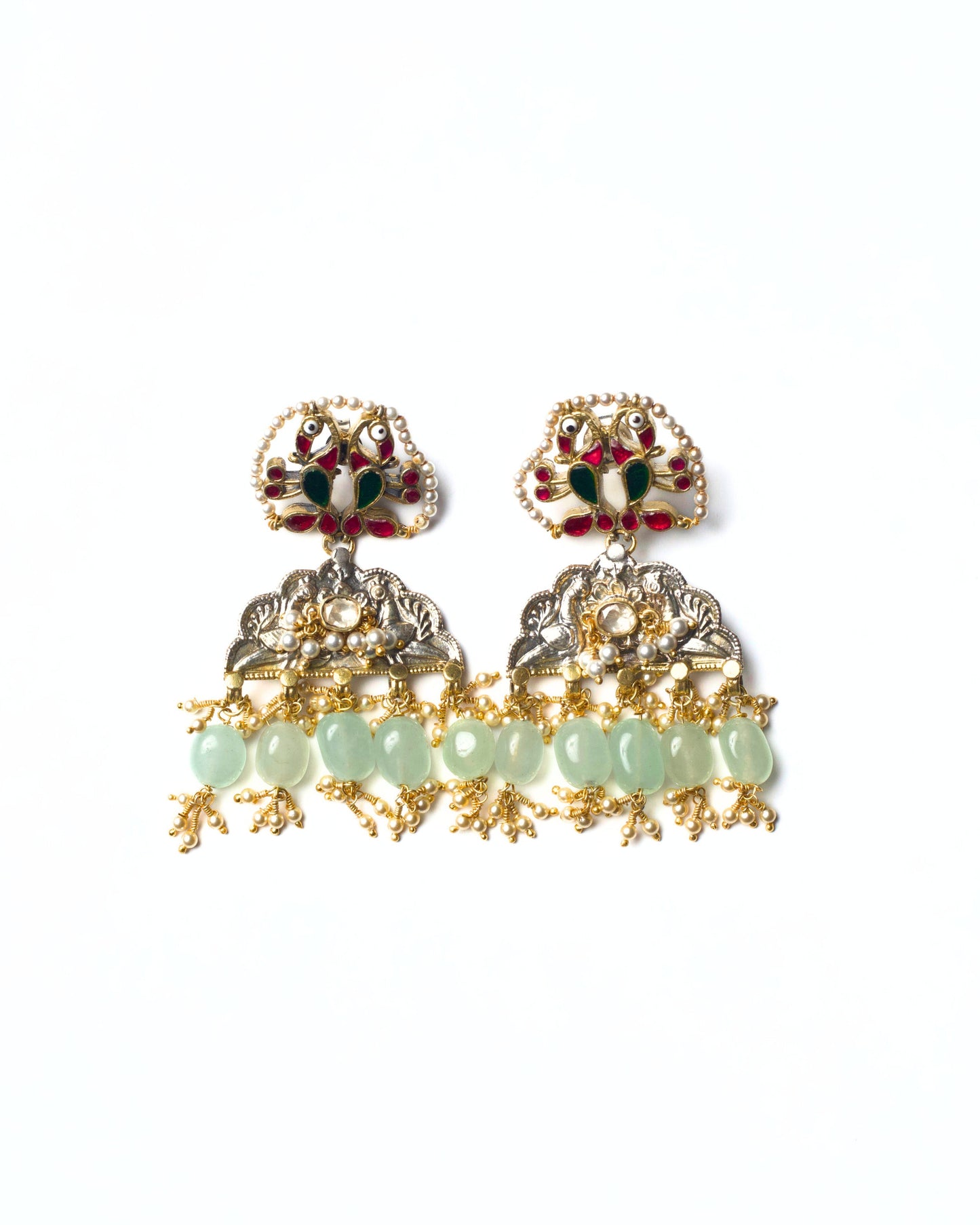 The Aviary Fringe Earrings in 925 silver featuring sculpted bird motifs, pearl fringes, and mint semi-precious stone drops