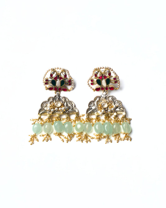 The Aviary Fringe Earrings in 925 silver featuring sculpted bird motifs, pearl fringes, and mint semi-precious stone drops