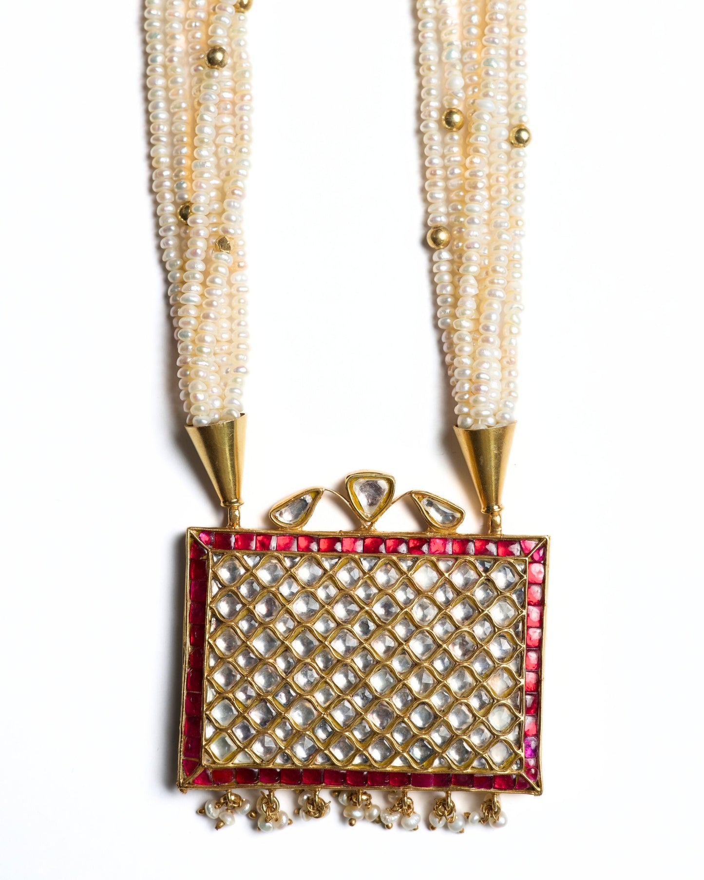 Multi-strand pearl mala with rectangular ruby-framed kundan lattice pendant in 925 silver