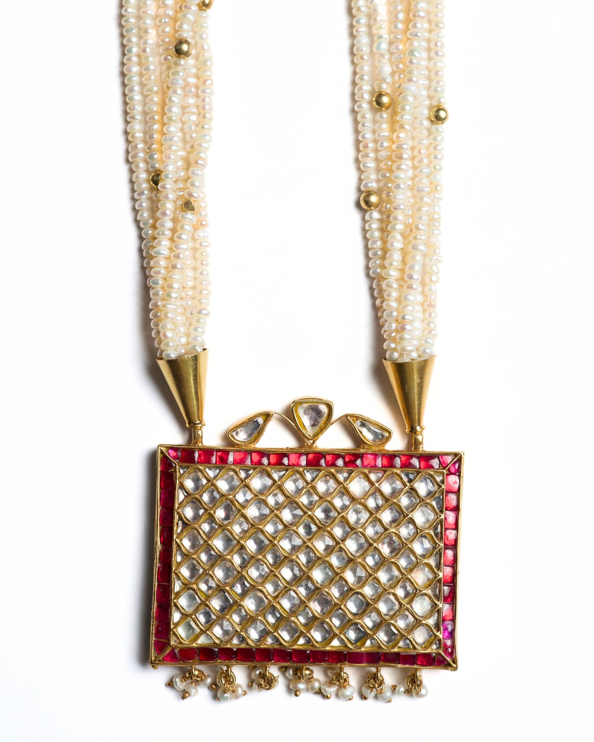 Multi-strand pearl mala with rectangular ruby-framed kundan lattice pendant in 925 silver