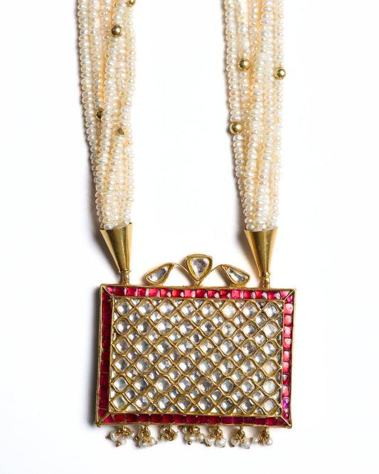 Multi-strand pearl mala with rectangular ruby-framed kundan lattice pendant in 925 silver