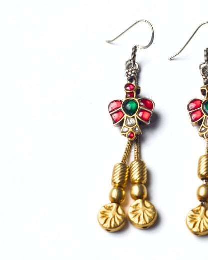 Fishhook Petal Bud Drops handcrafted in 925 silver with gold-polished floral motif and delicate hanging drops in red and green stones