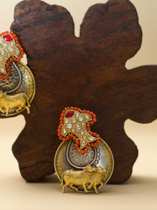 Celestial Confluence Earrings – Handcrafted 925 silver earrings featuring Pisces fish and Taurus bull motifs with two-tone accents – Naksa