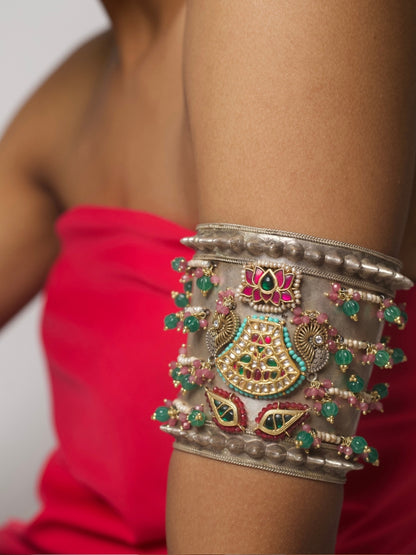 Vintage tribal fusion cuff with kundan goddess motifs, pearl-lined silhouette, and floral beadwork – Naksa Jewelry