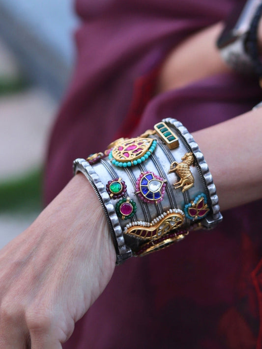 Bold handcrafted Kaleidoscope Cuff in 92.5 silver with tribal and dome motifs, as worn by artist and performer Ishitta Arun.